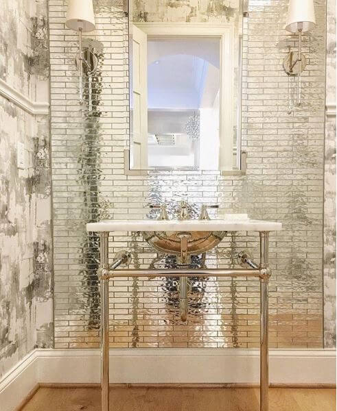 Mirrored Tile Powder Room by Amy Studebaker Design